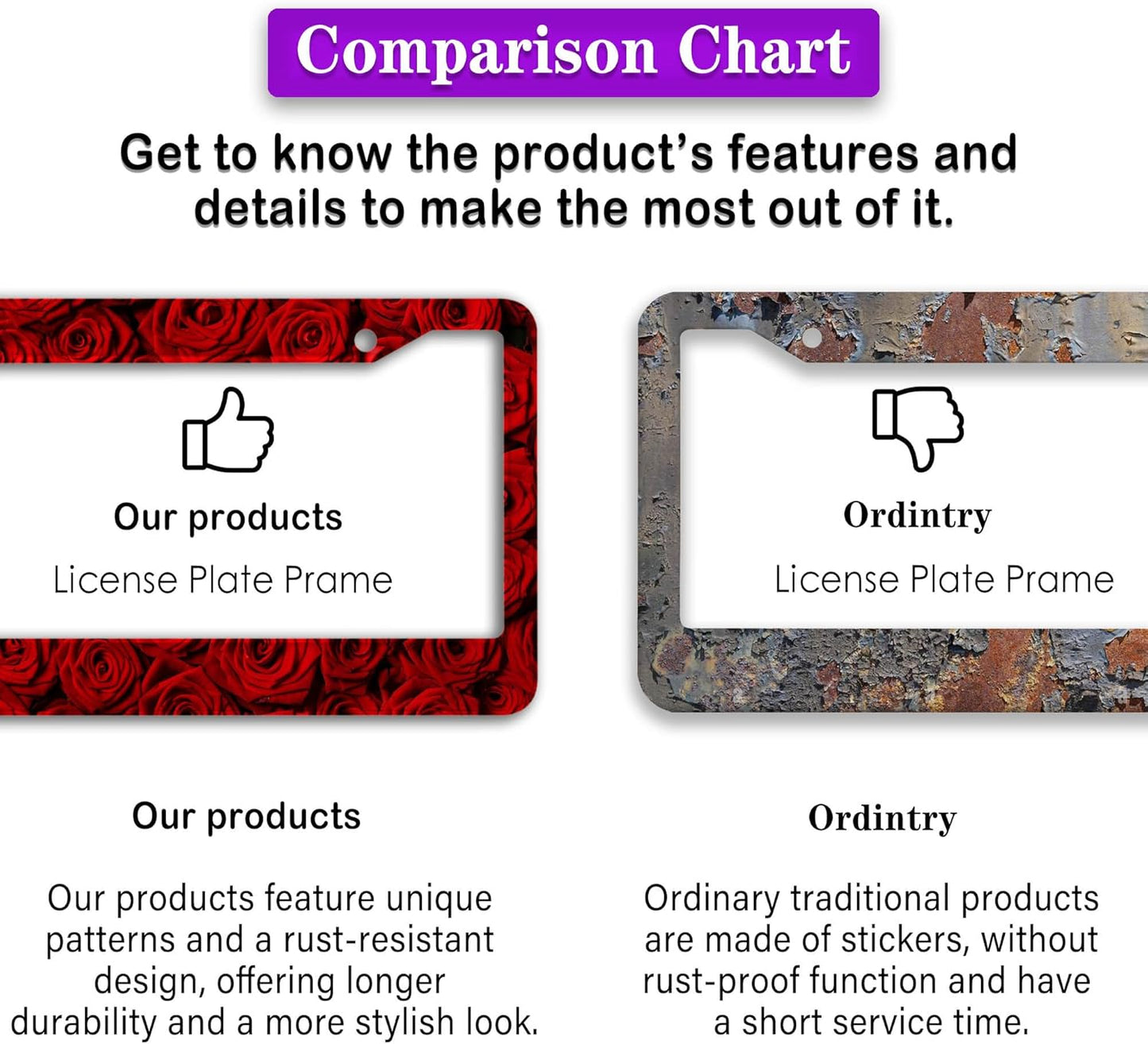 License Plate Frame Red License Plate Protector American Rose Red Rose Flower Aluminum Metal Car Accessory 2 Pack with Screw Covers Set