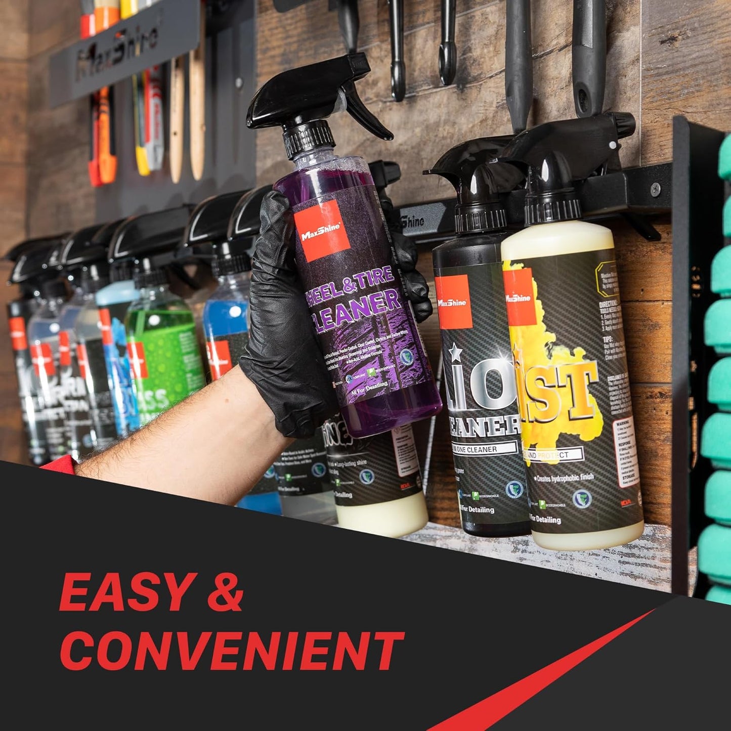 Maxshine Universal Trigger Bottle Holder H03D | Metal, Black | Wall Mount, Holds 6 Bottles, Lightweight | Garage Spray Bottle Organizer for Car Detailing Supplies