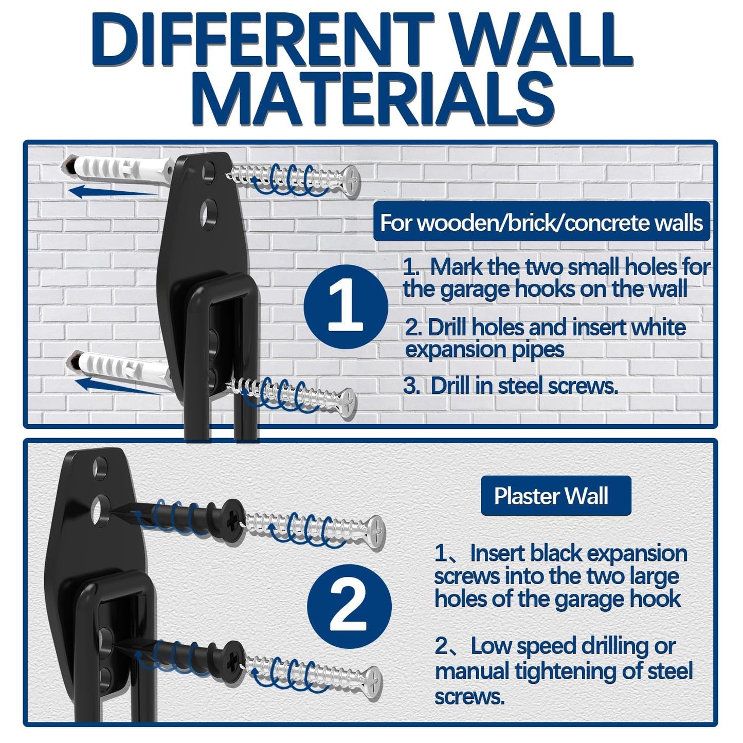 3-H Garage Wall Hooks 42 Pack, Heavy Duty Garage Hooks with Extra Welding Spots, Wall Mount Storage Organizer for Hanging Garden Lawn Tools, Ladder, Bike, WeedEater, Chair, Shovel, Blower (Black)