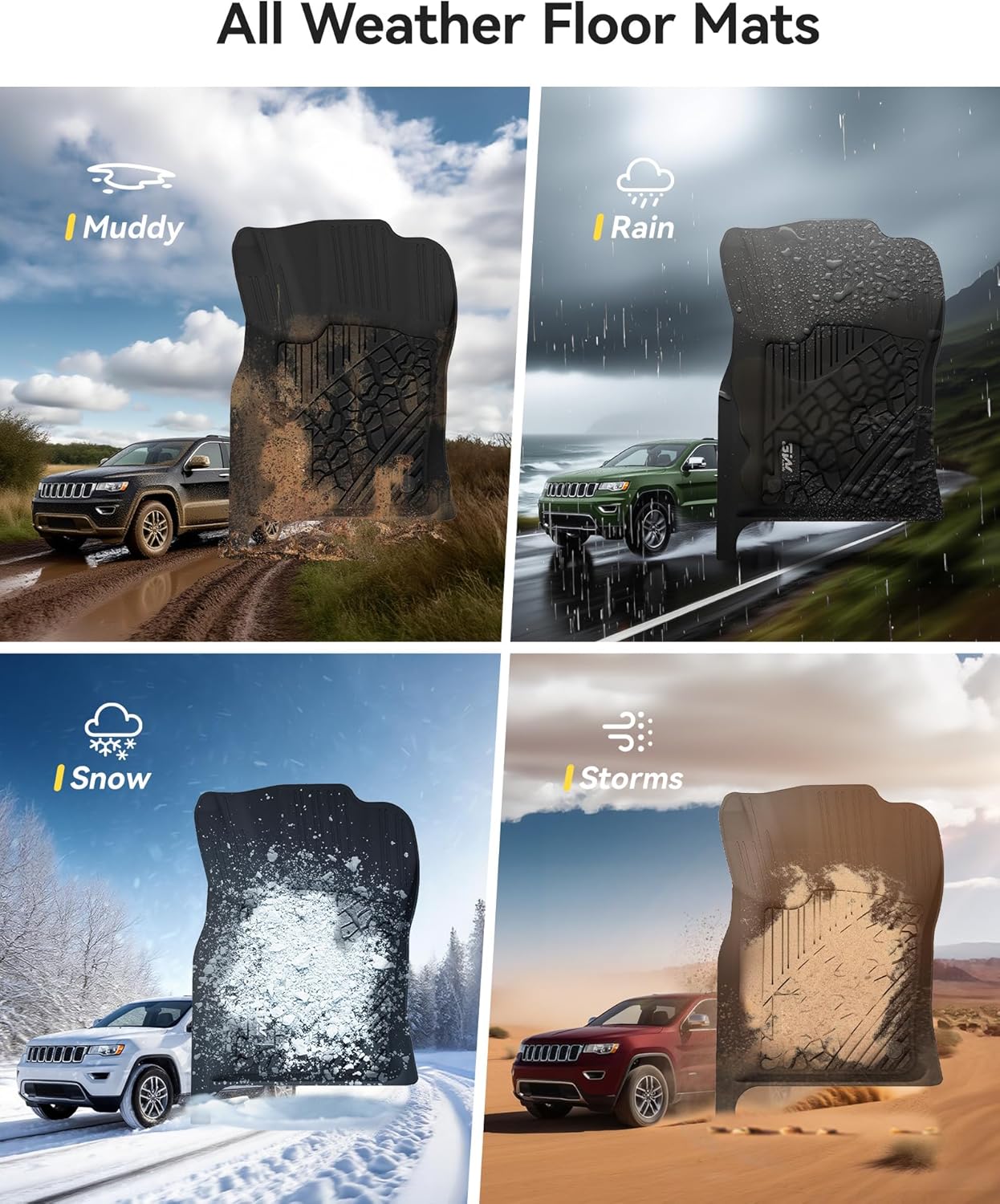 3W Floor Mats Fit for Jeep Grand Cherokee 2016-2021/ Grand Cherokee WK 2022 2023/ Dodge Durango 2016-2021 (2nd Row Bench Seating Only) TPE All Weather Custom Fit Full Set Car Liners Accessories