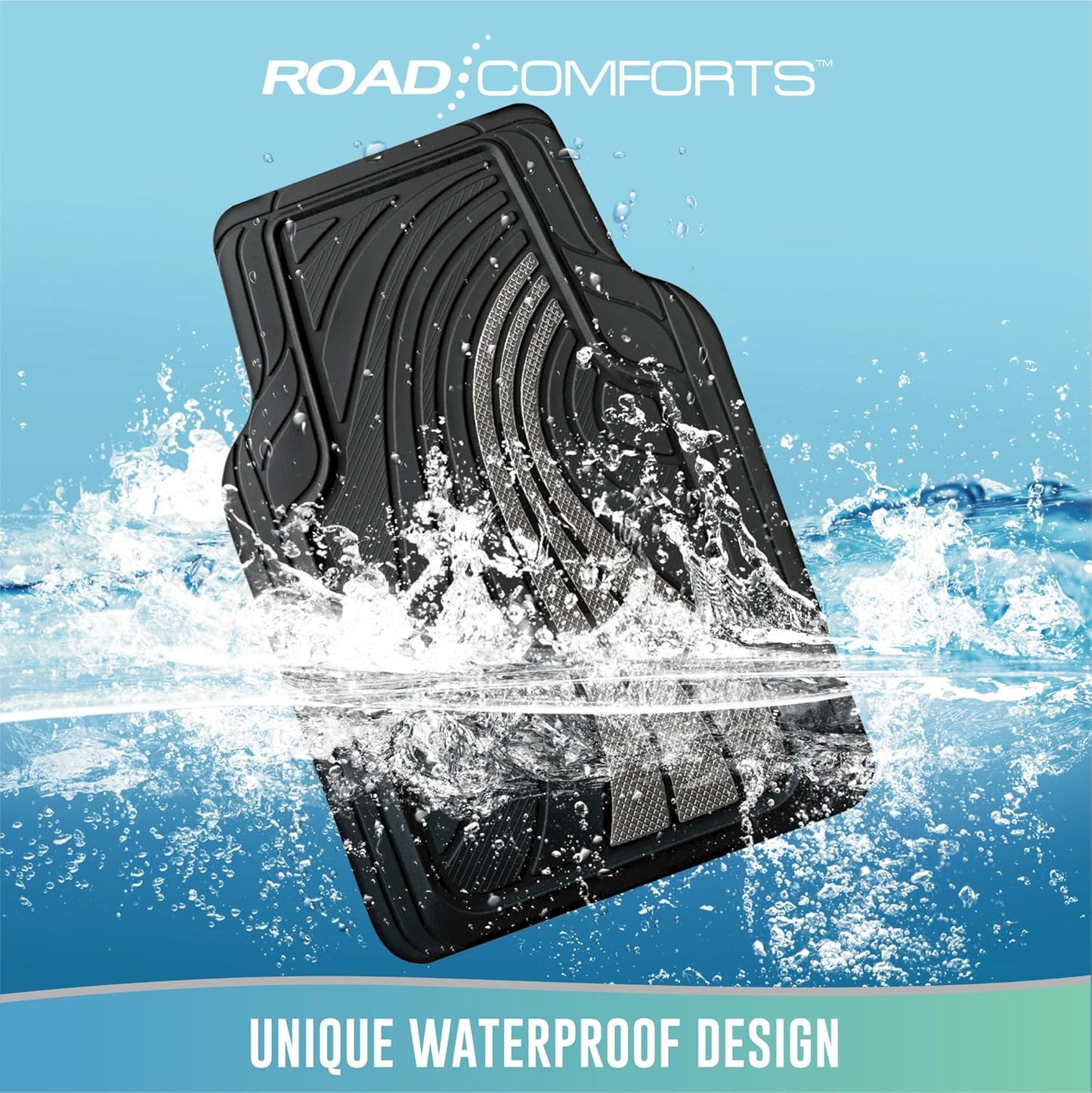 Road Comforts Car Floor Mats Full Set – Front & Rear Car Floor Mats with Aluminum Design, Anti-Slip Backing, All-Weather Protection, Trim-to-Fit Car Mats for Most Sedans, SUVs & Vans - Light Grey