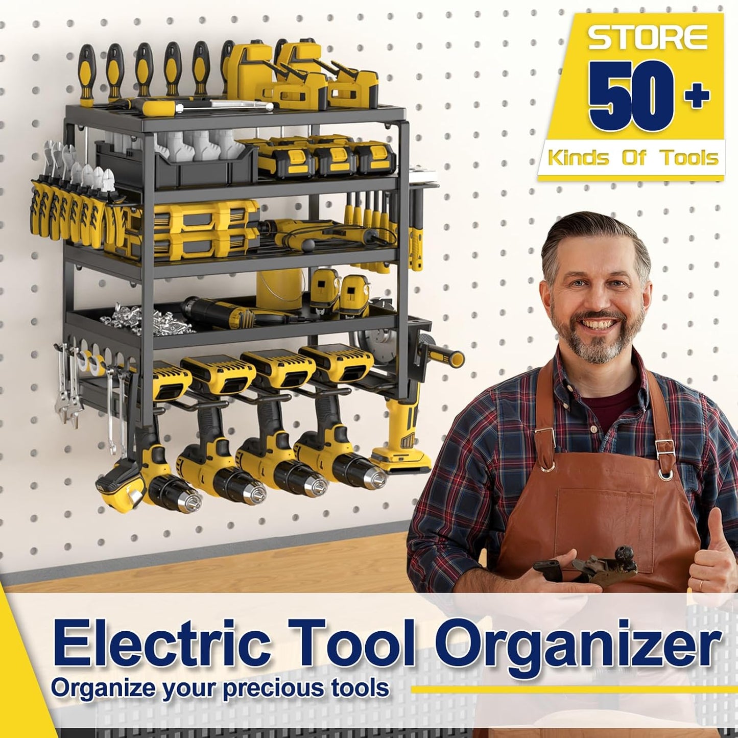 Power Tool Organizer, 5 Layer Drill Holders Wall Mount, Heavy Duty Metal Organizers and Storage Rack for Garage Organization, Tools Shelves with Screwdriver Plier Hammer Holder, Black