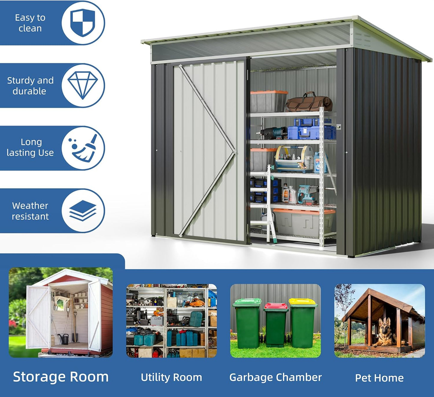 JY QAQA 6x4 FT Metal Outdoor Garden Storage Shed, Waterproof Metal Garden Sheds with Window and Lockable Double Door, Weather Resistant Steel Tool Storage House Shed for Patio,Lawn