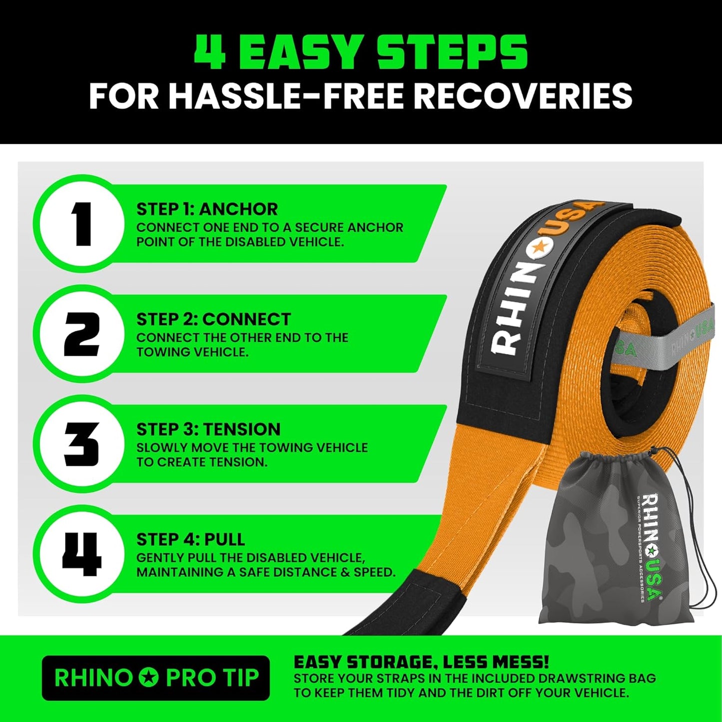 Rhino USA Recovery Tow Strap (3"x20')- 31,518lb Break Strength- Emergency Recovery Strap Tow Rope for Truck, UTV, ATV & More- Heavy Duty Towing Strap for Offroad 4x4 Use- Compatible with Jeep (Orange)
