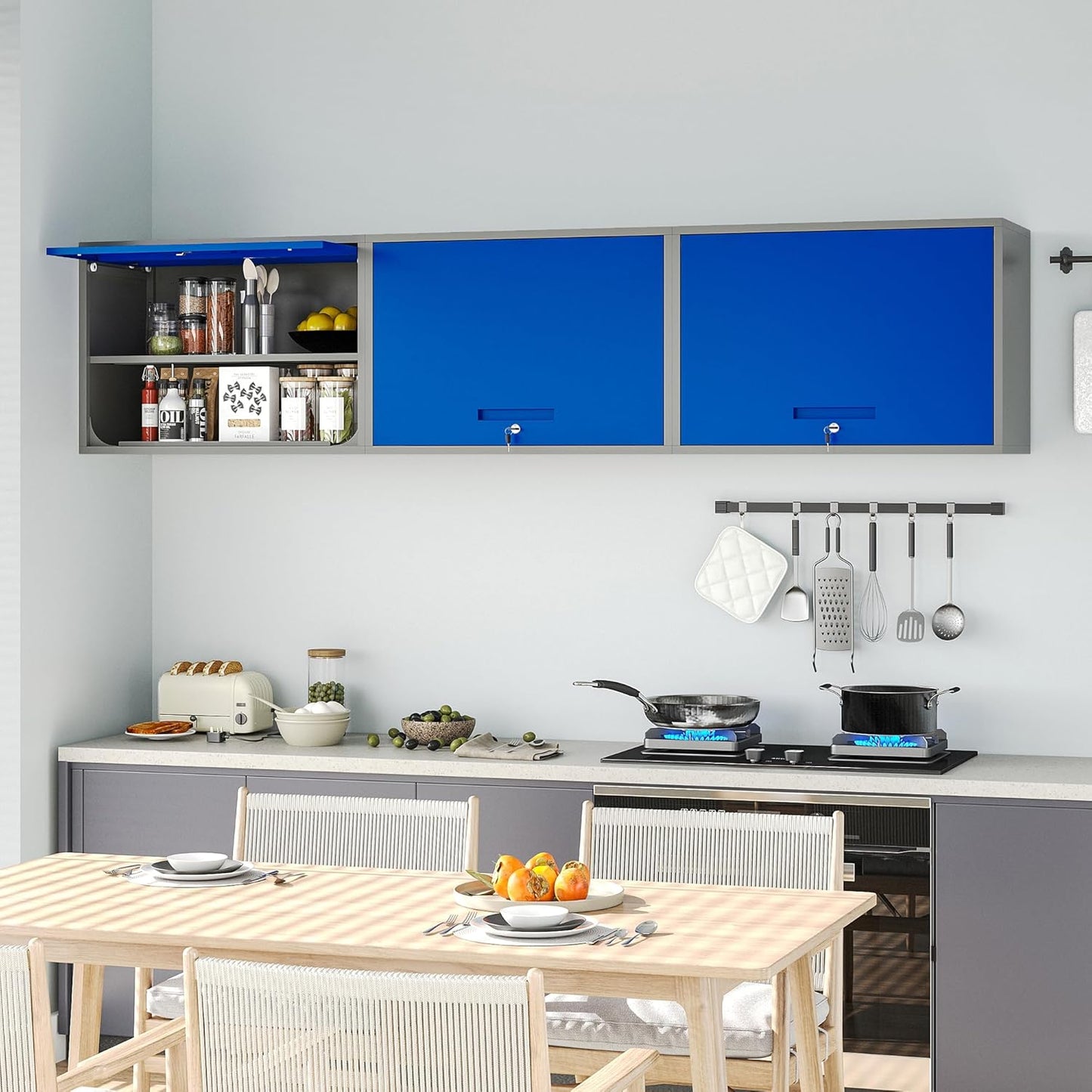 Metal Wall Cabinet with Locking Door and Shelf, Hanging Garage Cabinets with Up-Flip Doors for Garage, Warehouse, Home, Office, Assembly Required (Grey Blue, One Cabinet)