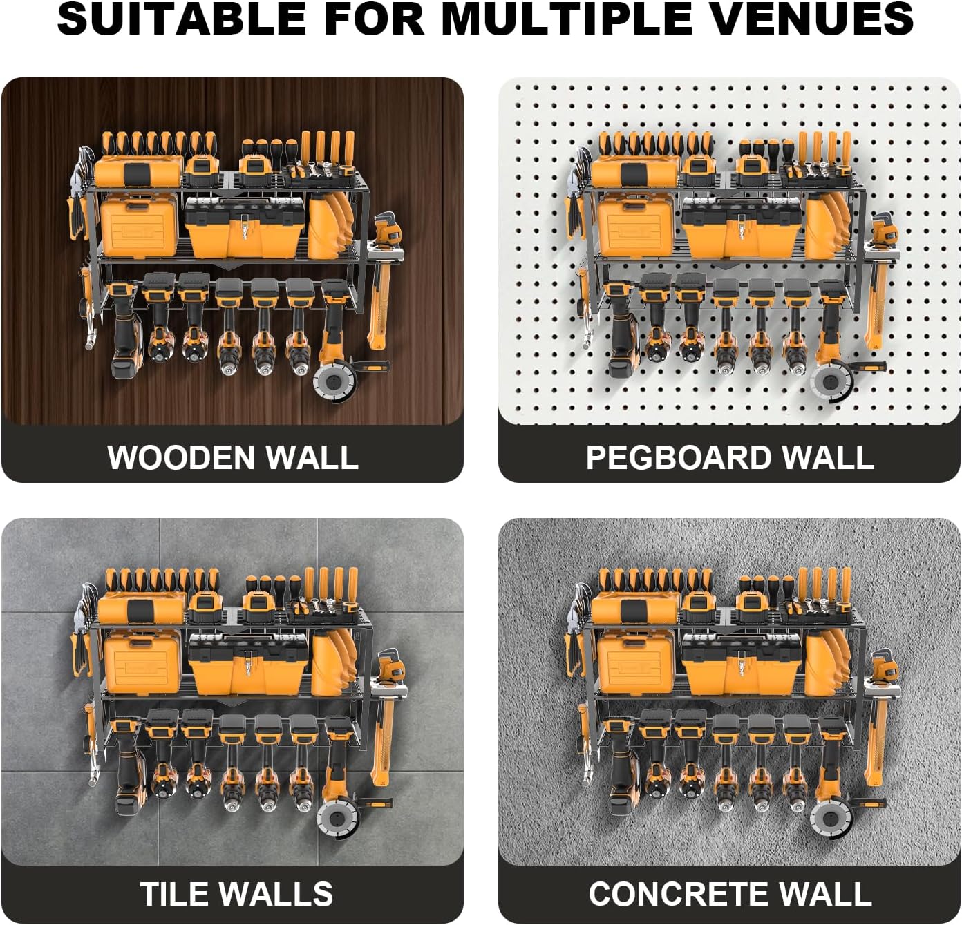 Large Power Tool Organizer Wall Mount, Power Tool Shelf System Battery Storage with 8 Cordless Drill Holder,3 Layers Heavy Duty Metal Loads 450lbs,Utility Racks for Garage Workshop