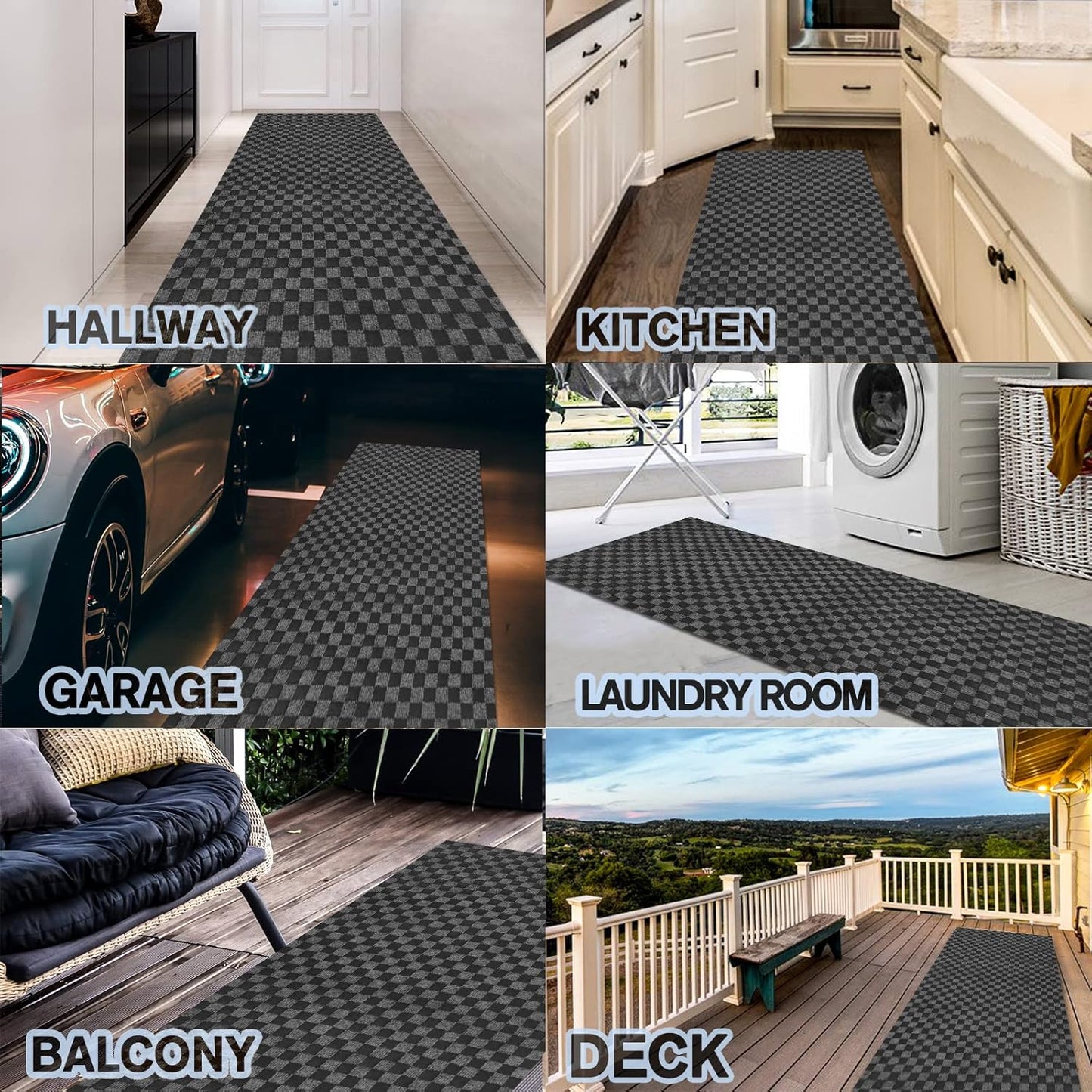 Custom Size Backed Non-Slip Area Rugs Runner, Easy Clean, Waterproof Runner Rugs for Hallway Entryway, Kitchen, Laundry, 4FT x 66FT, Gray Checkered