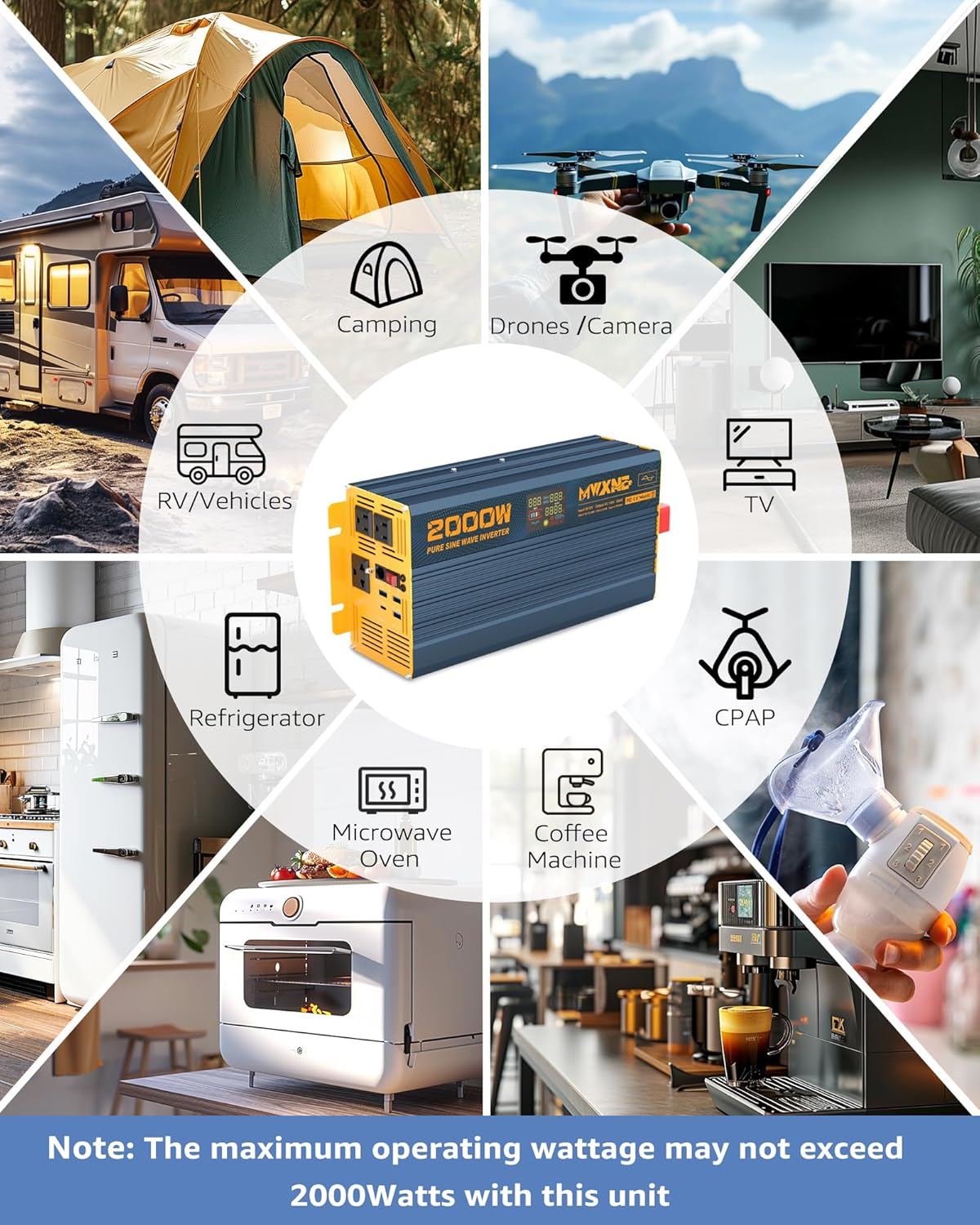 2000W Pure Sine Wave Power Inverter DC 12V to 110V 120V AC with 4 Quick Charging USB Ports& 3 AC Outlets Power Inverters for Vehicles RV Truck Home with LCD Display and Remote Controller