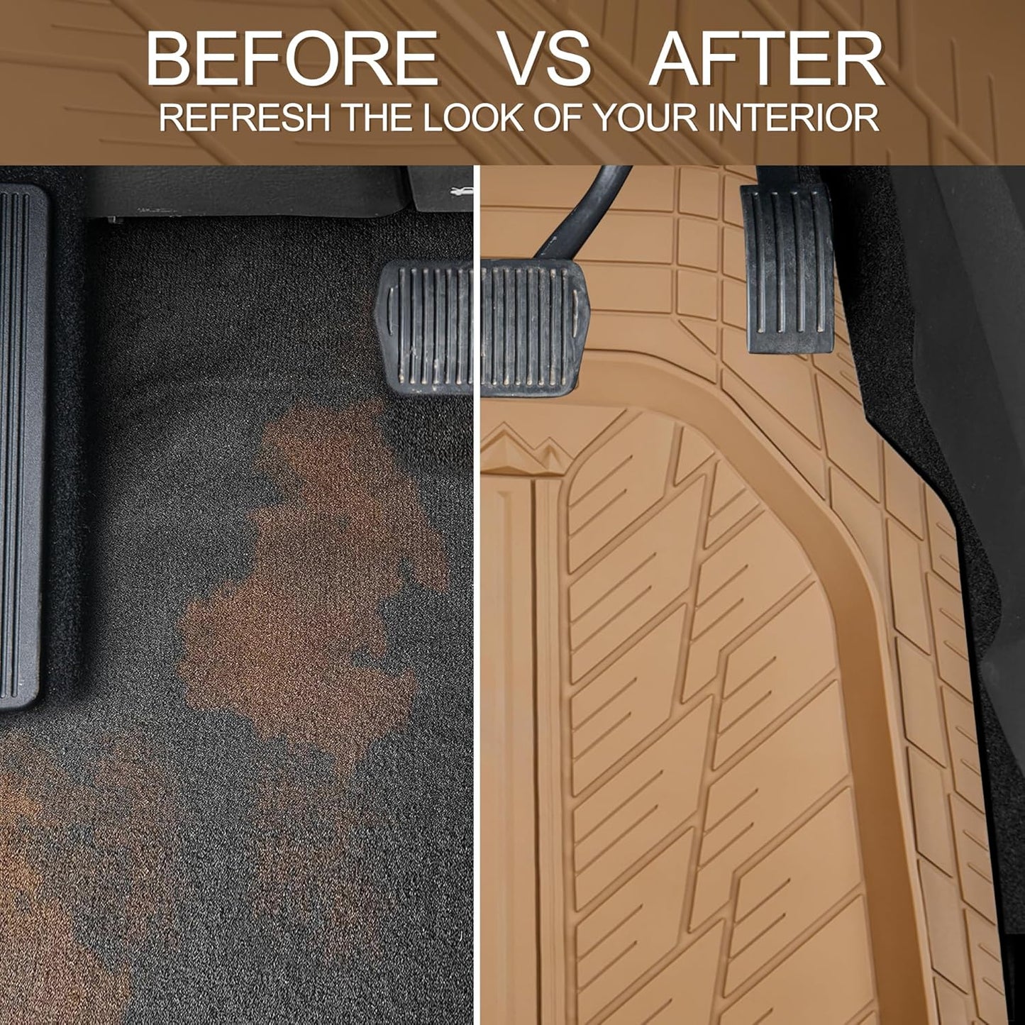 CAR PASS Tire Tread DeepDish Rubber Floor Mats for car Heavy Duty car mats All Weather, Universal XL~M Trim to Fit for Truck SUV Vehicle Automotive, Waterproof car mats 3 Piece Solid Beige