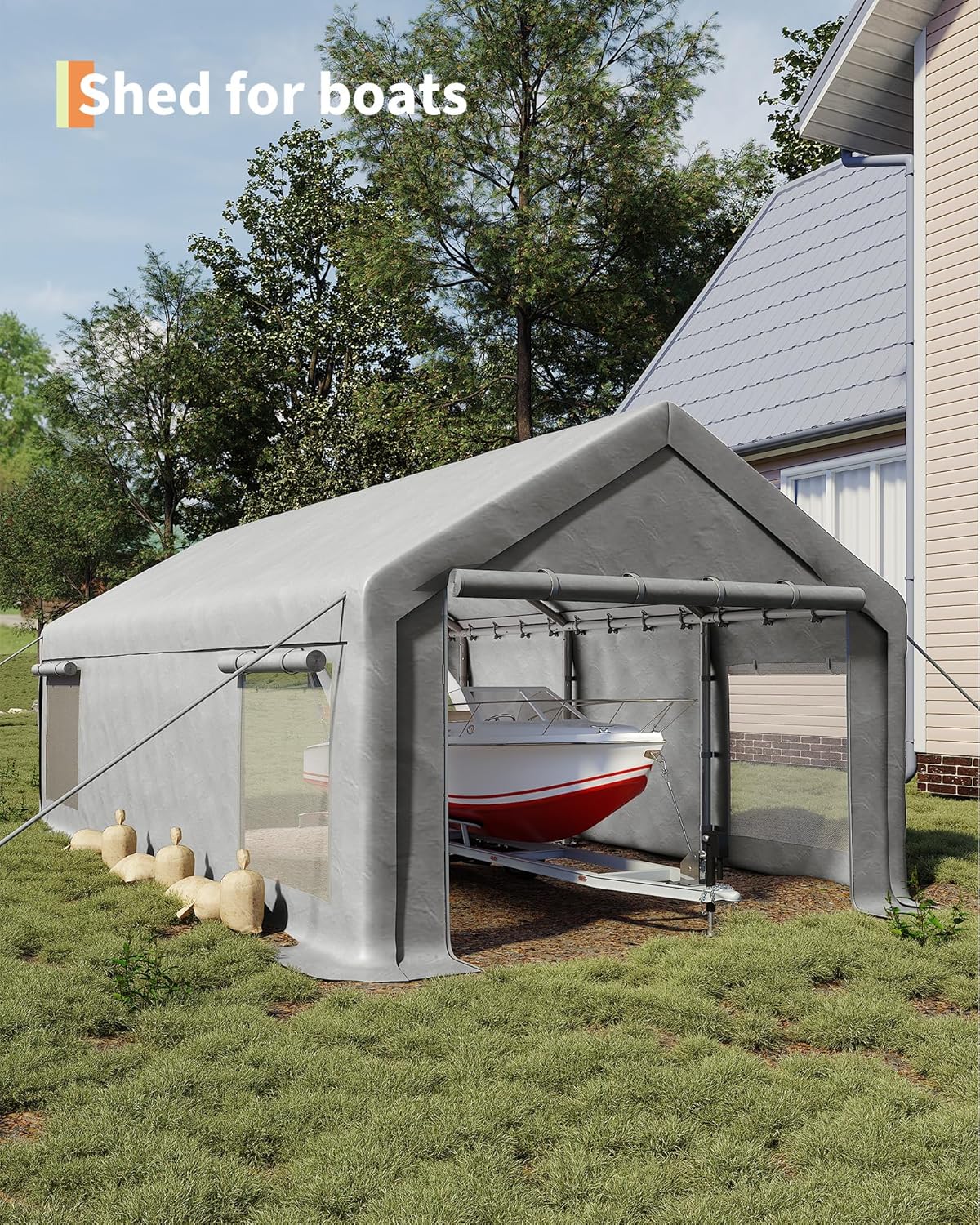 13x25 Ft Carport with 10 Sandbags, Car Port with 220g PE Tarp, 2 Roll-Up Doors, and 4 Windows, for Full-Size Pickups, Bass Boats, Tractors, and SUVs, White