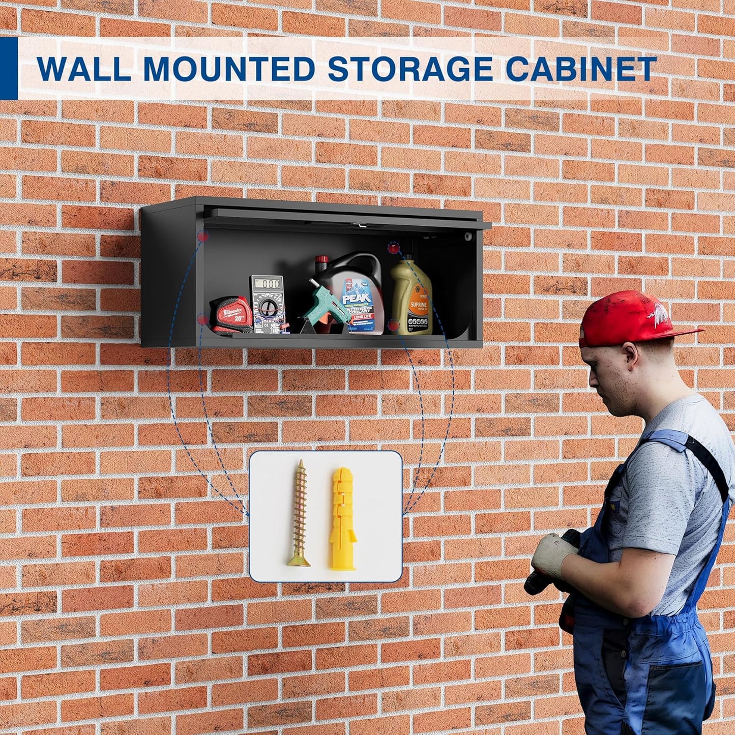 Metal Storage Cabinet Black Wall Cabinets with Locking Door - Wall Mounted Storage Cabinet for Garage Warehouse Home Office - Assembly Required