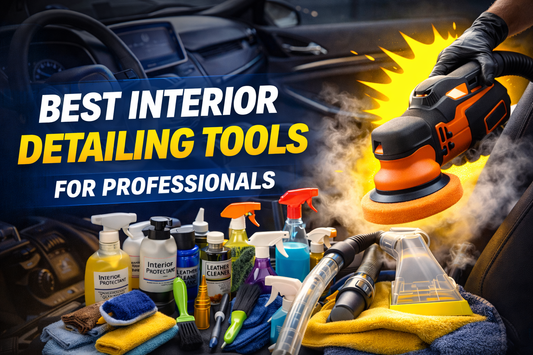 Professional interior detailing tools in action, featuring a dual-action polisher, steam cleaner, and accessories inside a car for expert-level detailing