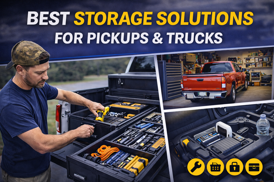 Thumbnail showing organized pickup truck bed storage with tool drawers, garage storage setup, and in-cab organizers highlighting the best storage solutions for pickups and trucks