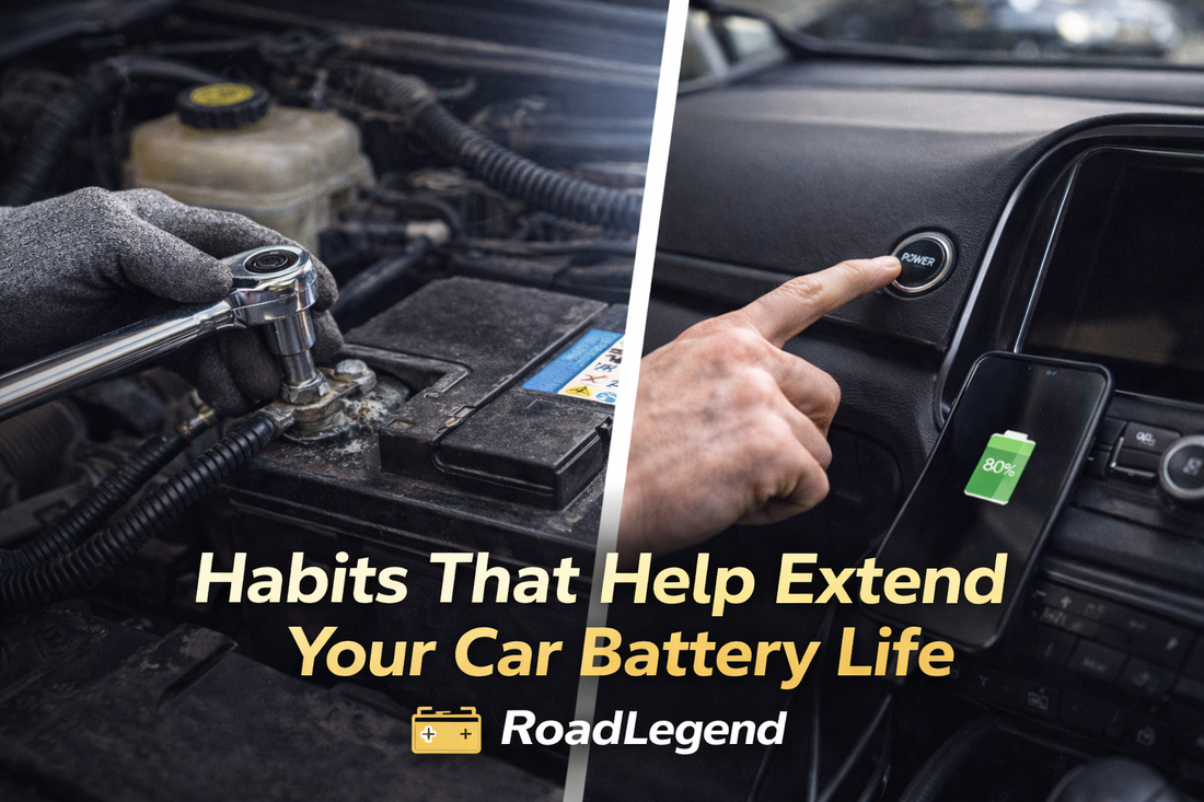Horizontal thumbnail showing a split scene with a mechanic tightening a car battery terminal on one side and a driver turning off the infotainment system inside a car on the other, illustrating smart habits that help extend car battery life
