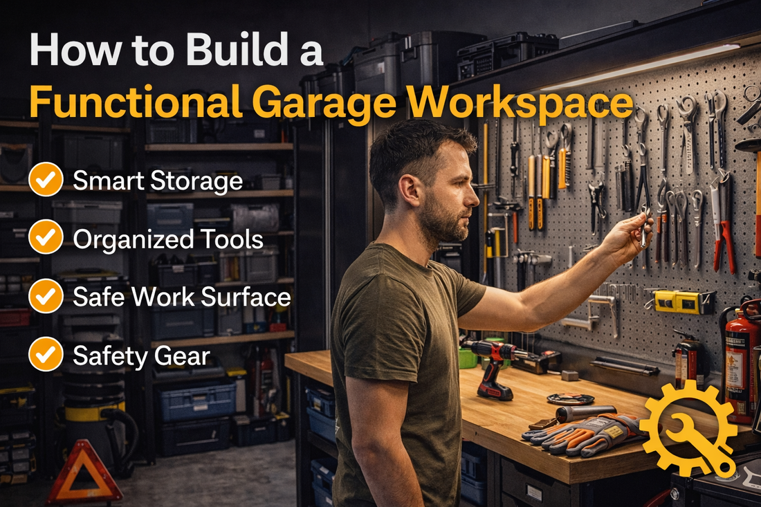 Thumbnail showing a well-organized garage workspace with a man selecting tools from a pegboard, highlighting smart storage, organized tools, and a functional home garage setup