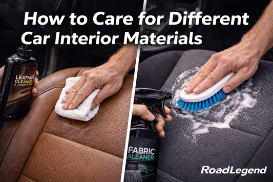Thumbnail showing leather and fabric car seats being cleaned side by side, illustrating proper care methods for different car interior materials by RoadLegend