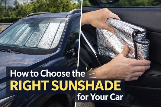 How to choose the right car sunshade showing a parked car with a windshield sunshade protecting the interior from heat