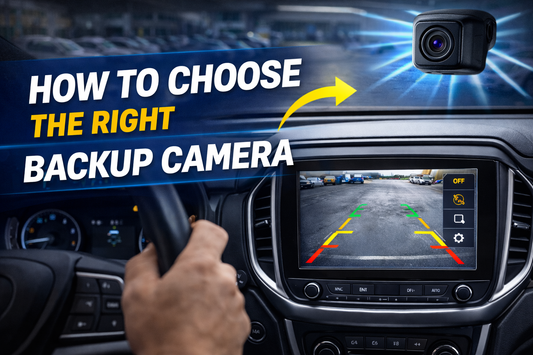 Dashboard view showing a backup camera screen with parking guidelines and a rear camera icon illustrating how to choose the right backup camera