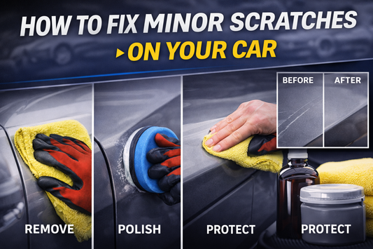 Guide-style thumbnail showing minor car scratch repair tools and a polished vehicle surface, illustrating how to fix minor scratches safely