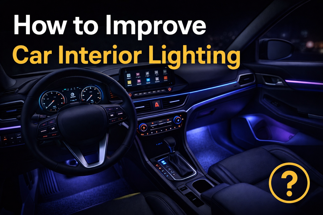 Thumbnail showing a modern car interior at night with enhanced ambient lighting, illuminated dashboard controls, and soft footwell lights for improved visibility and style