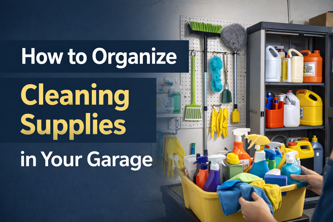 Organized garage storage with shelves, hooks, and cabinets holding cleaning supplies for efficient garage organization
