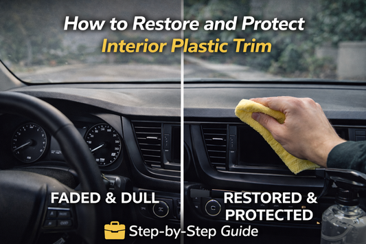 Thumbnail showing before-and-after comparison of a car dashboard interior plastic trim, highlighting faded surfaces restored and protected using proper car detailing techniques
