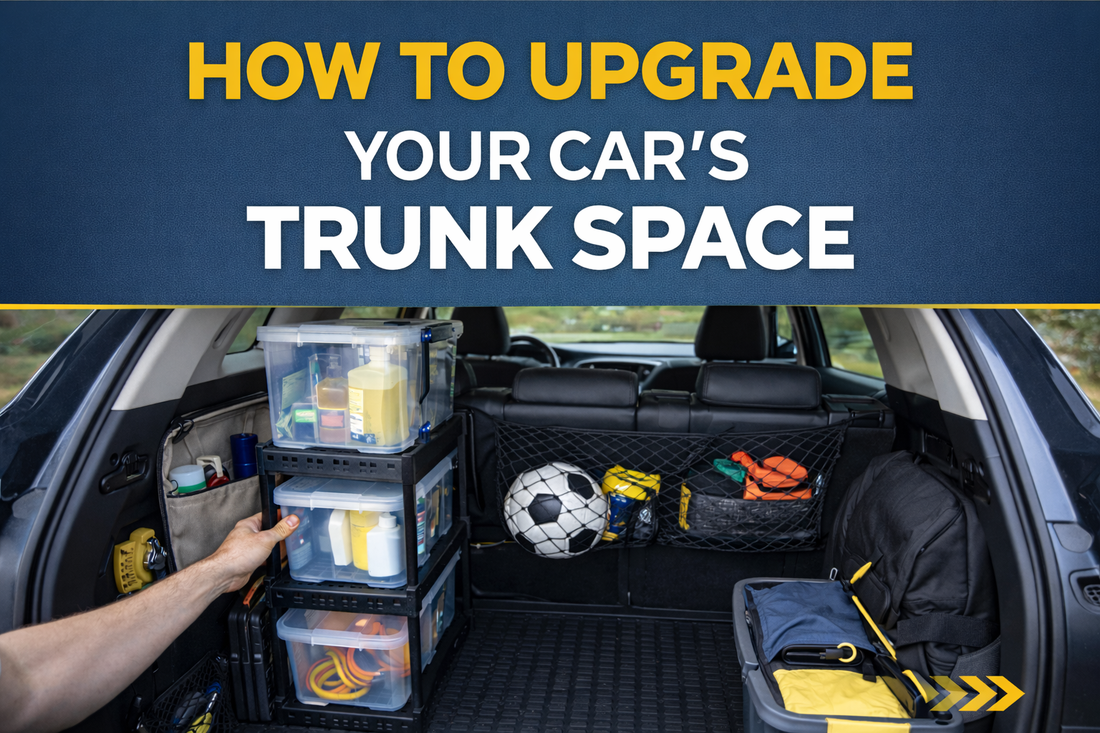 Neatly organized SUV trunk with modular storage bins, collapsible containers, and camping gear, illustrating practical trunk space and vehicle storage upgrades