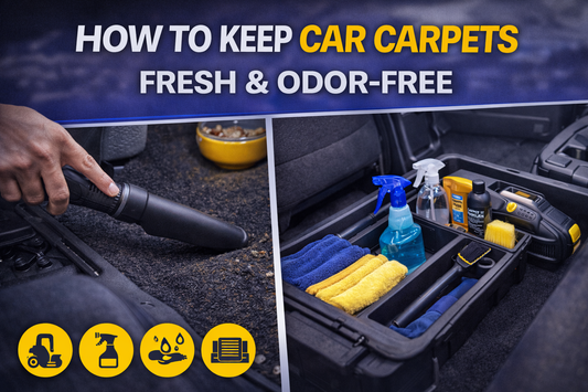 Thumbnail showing vacuuming car carpets and organized cleaning supplies for keeping car carpets fresh and odor-free