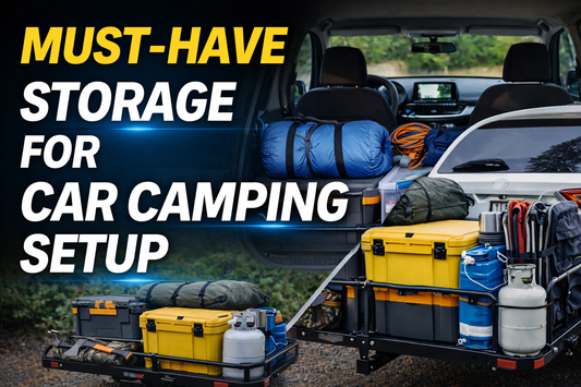 Organized car camping storage setup showing essential gear neatly arranged in and around a vehicle