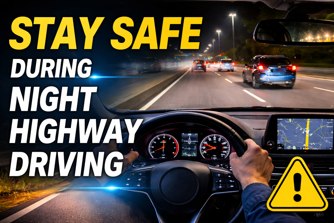 Safe night highway driving scene showing a car traveling on a well-lit highway with headlights and clear road visibility