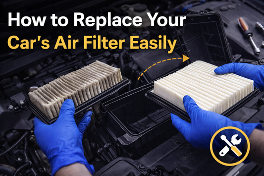 Thumbnail showing a car engine bay with an air filter being replaced, highlighting an easy DIY air filter replacement guide for beginner drivers