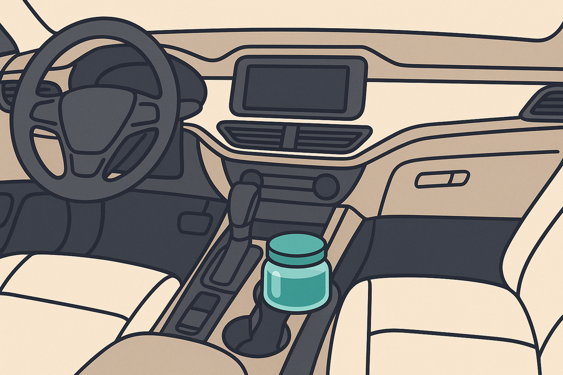 Revivéa flat style illustration showing gel air freshener scent pad and passive diffuser inside a clean modern car interior
