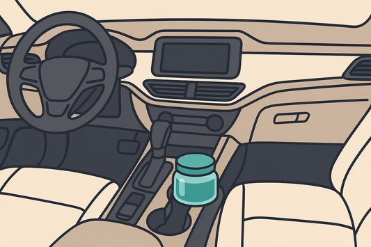 Revivéa flat style illustration showing gel air freshener scent pad and passive diffuser inside a clean modern car interior