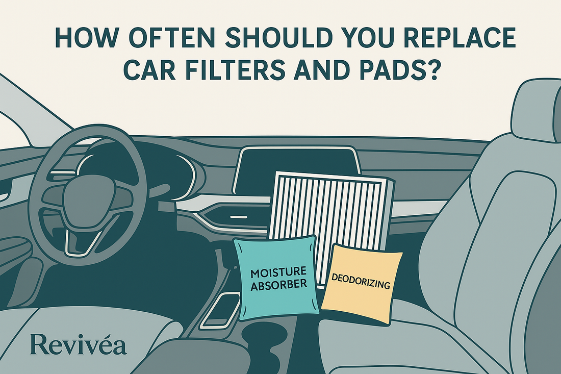 Revivéa flat illustration showing car interior with cabin filter moisture absorber and deodorizing pad for maintenance guide
