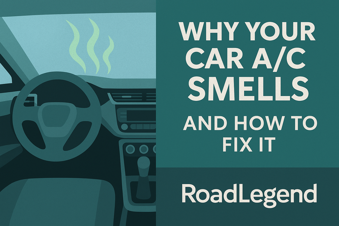 RoadLegend illustrated thumbnail showing a car interior with odor lines and the text “Why Your Car A/C Smells and How to Fix It.”
