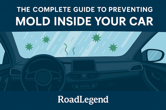 RoadLegend illustrated thumbnail showing a car interior with mold spores on a fogged windshield and the title ‘The Complete Guide to Preventing Mold Inside Your Car’