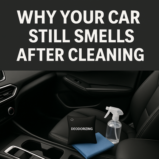 RoadLegend wide thumbnail with top safe-zone text reading ‘Why Your Car Still Smells After Cleaning’ above a clean modern car interior