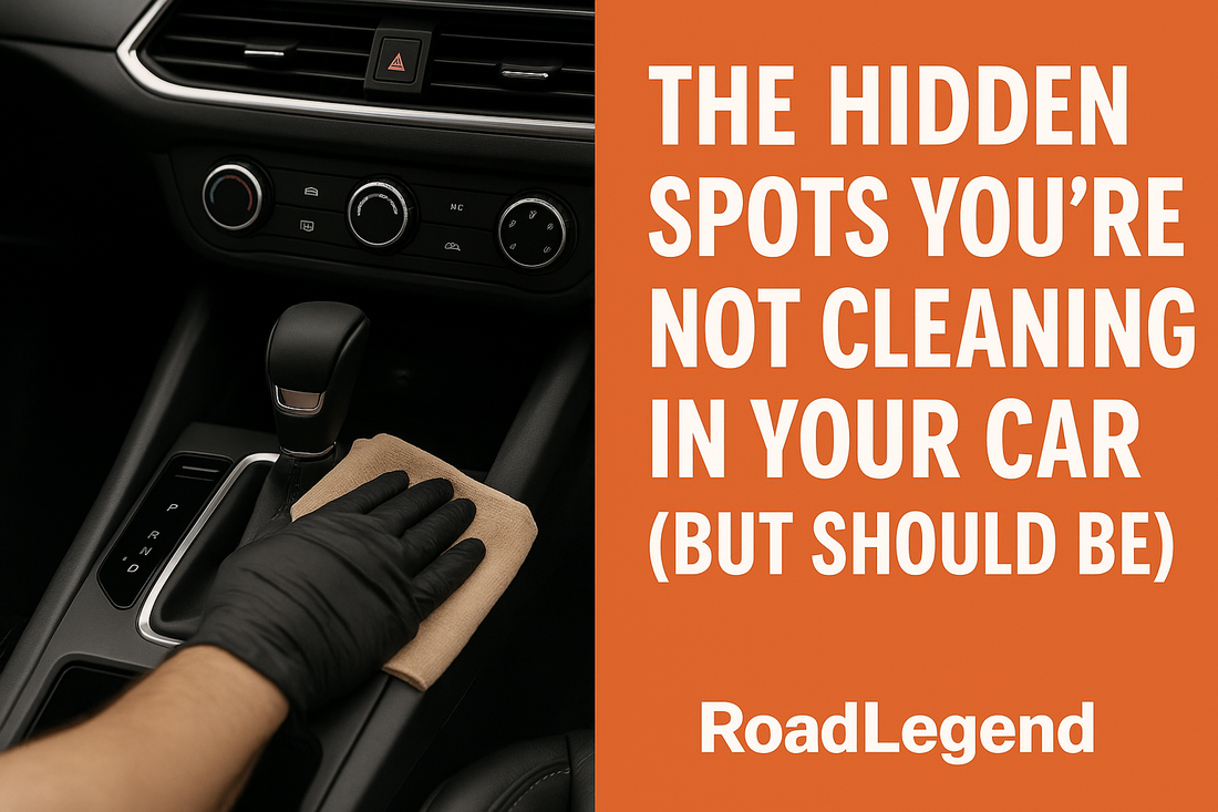 RoadLegend thumbnail showing a gloved hand wiping a car’s center console with bold text about hidden interior spots drivers forget to clean