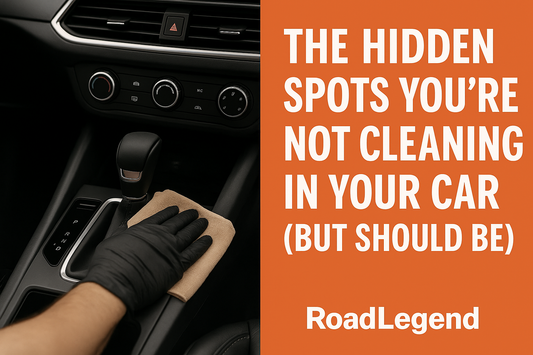 RoadLegend thumbnail showing a gloved hand wiping a car’s center console with bold text about hidden interior spots drivers forget to clean
