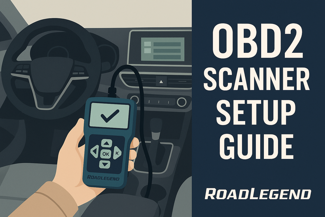 RoadLegend OBD2 scanner setup thumbnail illustration showing a hand holding a diagnostic scanner inside a car