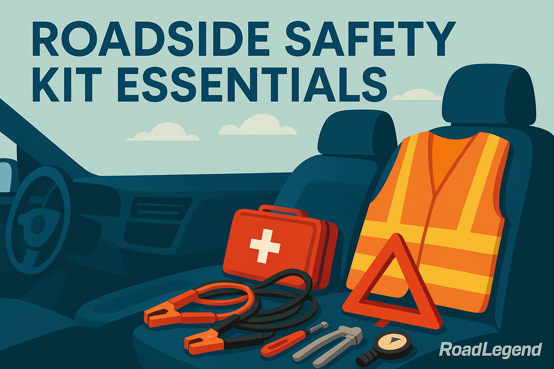 RoadLegend illustration of a roadside safety kit inside a car, featuring a vest, first aid kit, jumper cables, and warning triangle with bold title text