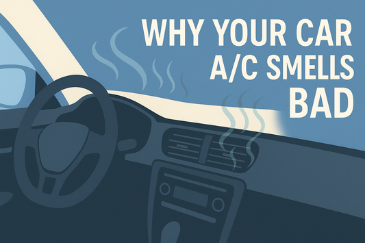 RoadLegend flat-style illustration of a left-hand-drive car interior with odor waves and the title 'Why Your Car A/C Smells Bad'