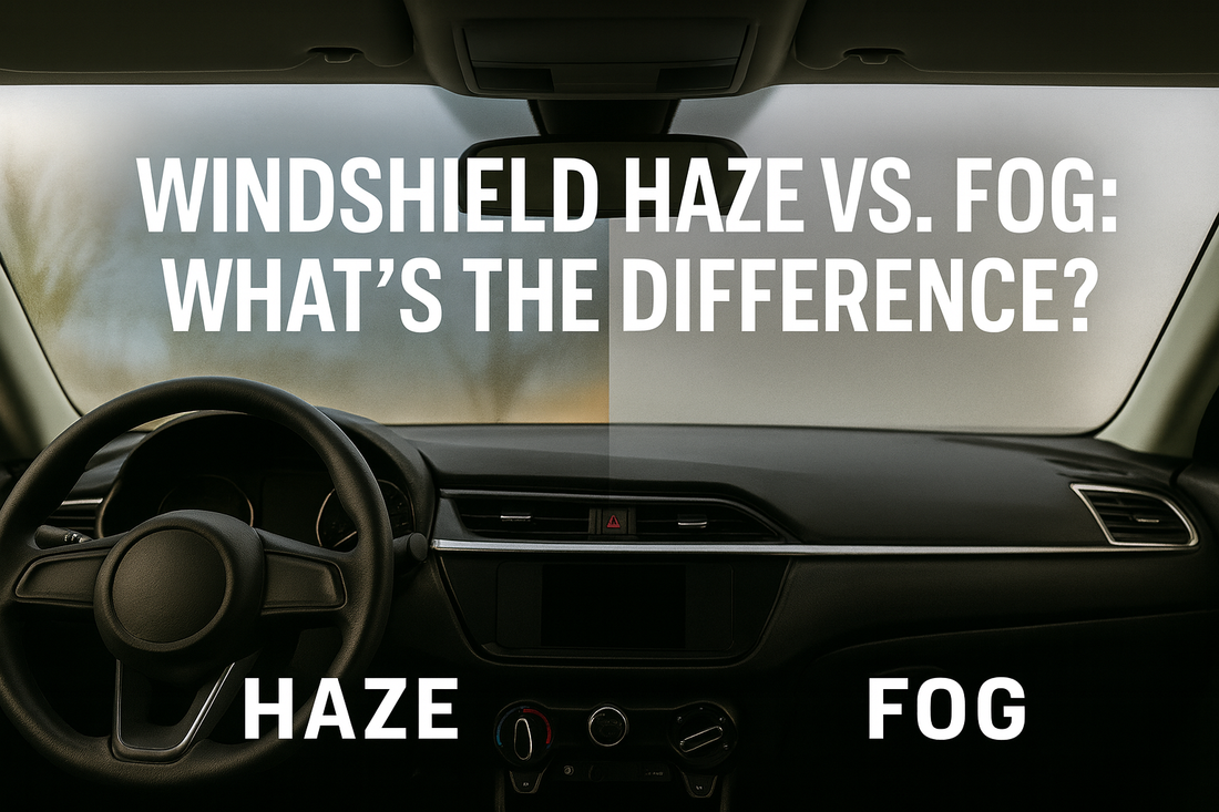 RoadLegend comparison image showing windshield haze on the left and fog on the right with bold text highlighting the difference