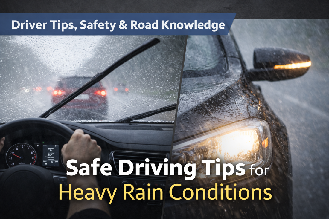 Safe driving tips for heavy rain conditions showing a car driving cautiously on a wet road with headlights on