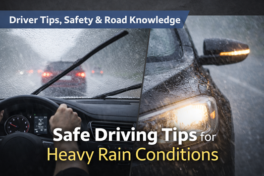 Safe driving tips for heavy rain conditions showing a car driving cautiously on a wet road with headlights on
