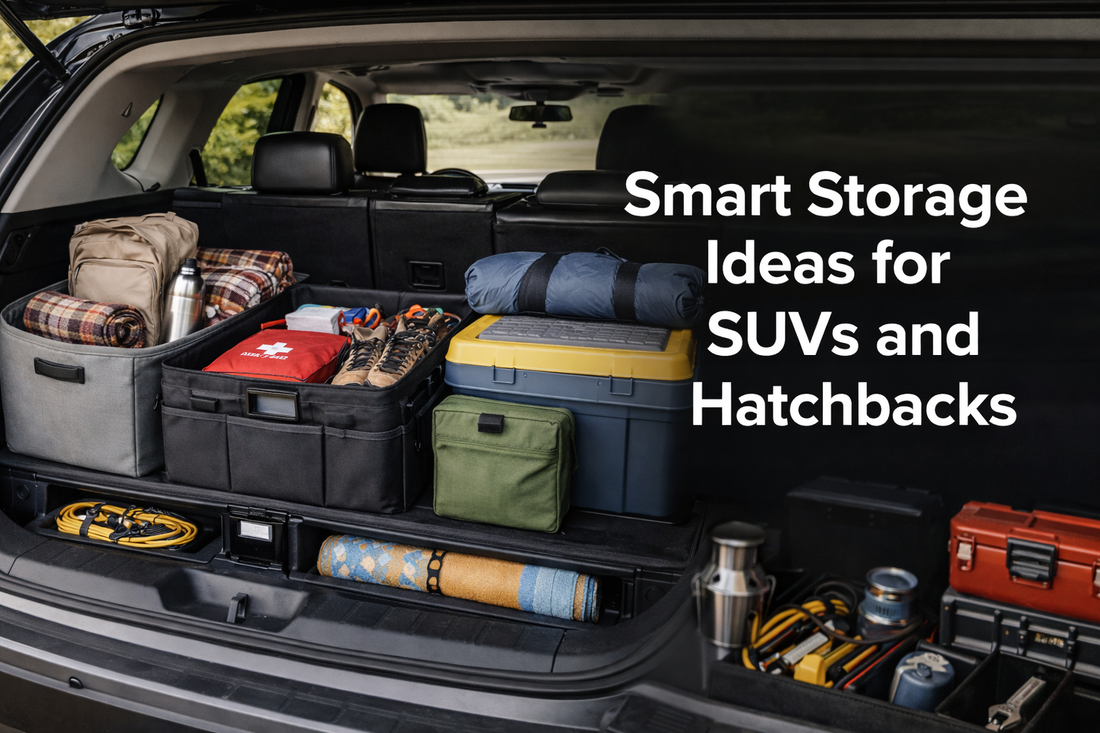 Smart storage ideas for SUVs and hatchbacks showing an organized trunk with storage bins, tools, and everyday gear