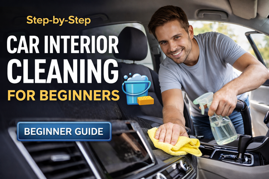 Thumbnail showing a beginner cleaning a car interior with a microfiber cloth and spray bottle, highlighting a step-by-step car interior cleaning guide for beginners
