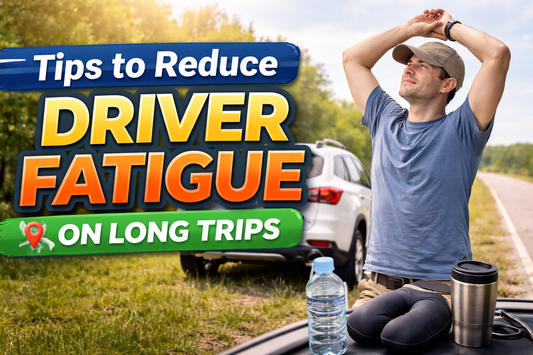 Driver stretching beside a parked car on the roadside during a long trip, illustrating practical tips to reduce driver fatigue and stay alert