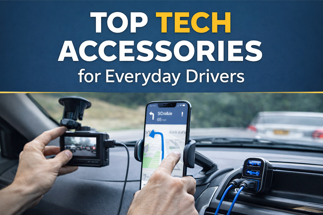 Modern car interior featuring a smartphone mount, dash cam, and USB charger, representing top tech accessories for everyday drivers with focus on safety and convenience