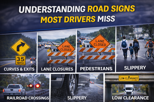 Educational thumbnail highlighting overlooked road signs such as curves and exits, lane closures, pedestrian warnings, slippery roads, railroad crossings, and low clearance signs